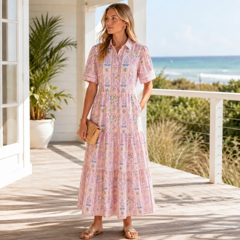 Crown & Ivy Pink Floral Tiered Midi Shirt Dress 1X Preppy Coastal Cottagecore